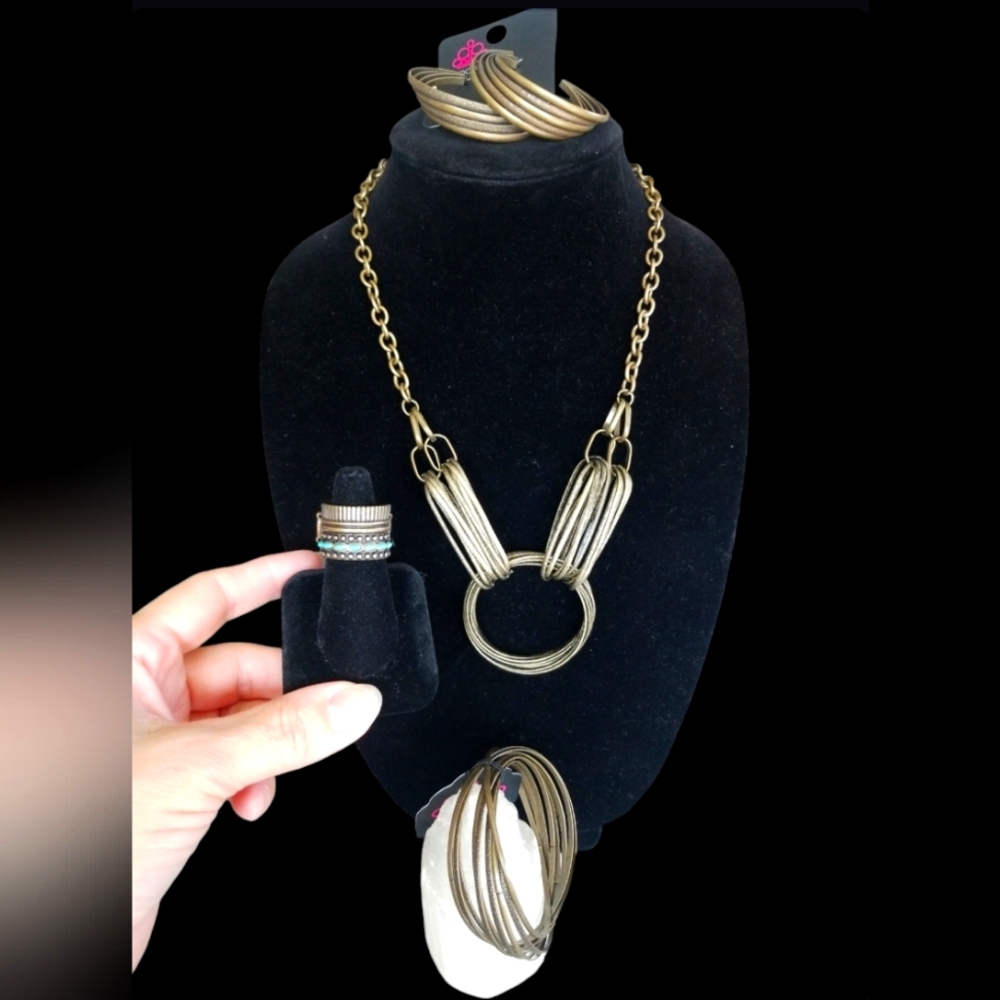 NWT Set Brass Necklace with 2 sets of earrings, bracelets & stretchable ring